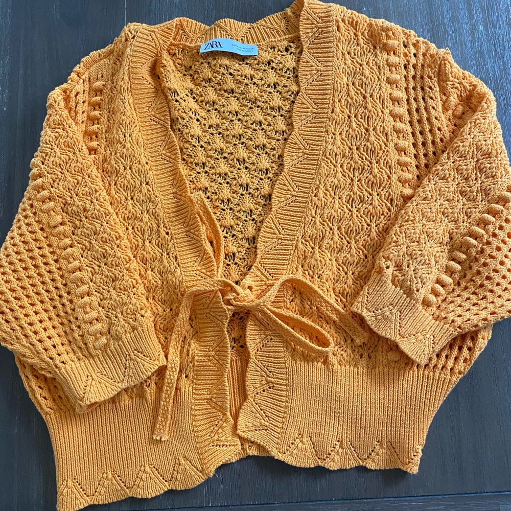 Zara Pointelle Knit Sweater in Tangerine